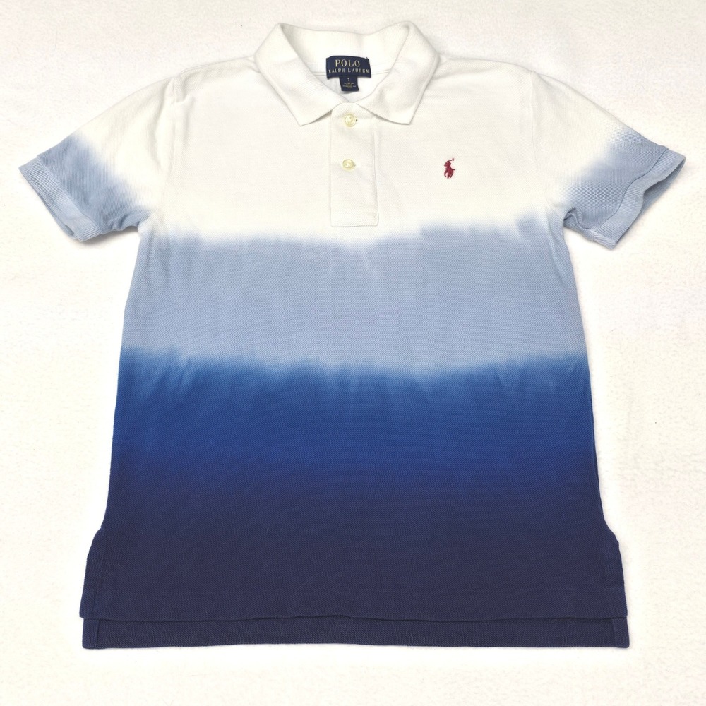 Polo Ralph Lauren Boys Size 7 Dip Dye Ombre Polo Shirt Blue White Cotton Pique